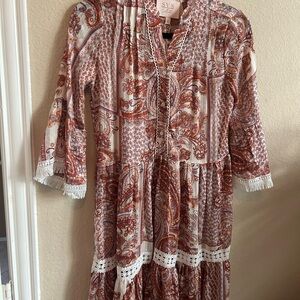 SVS Long Sleeve Paisley Dress - Brown and Cream